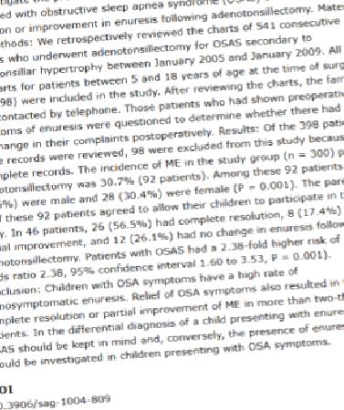 Improvement of monosymptomatic enuresis after adenotonsillectomy in children with obstructive sleep apnea syndrome